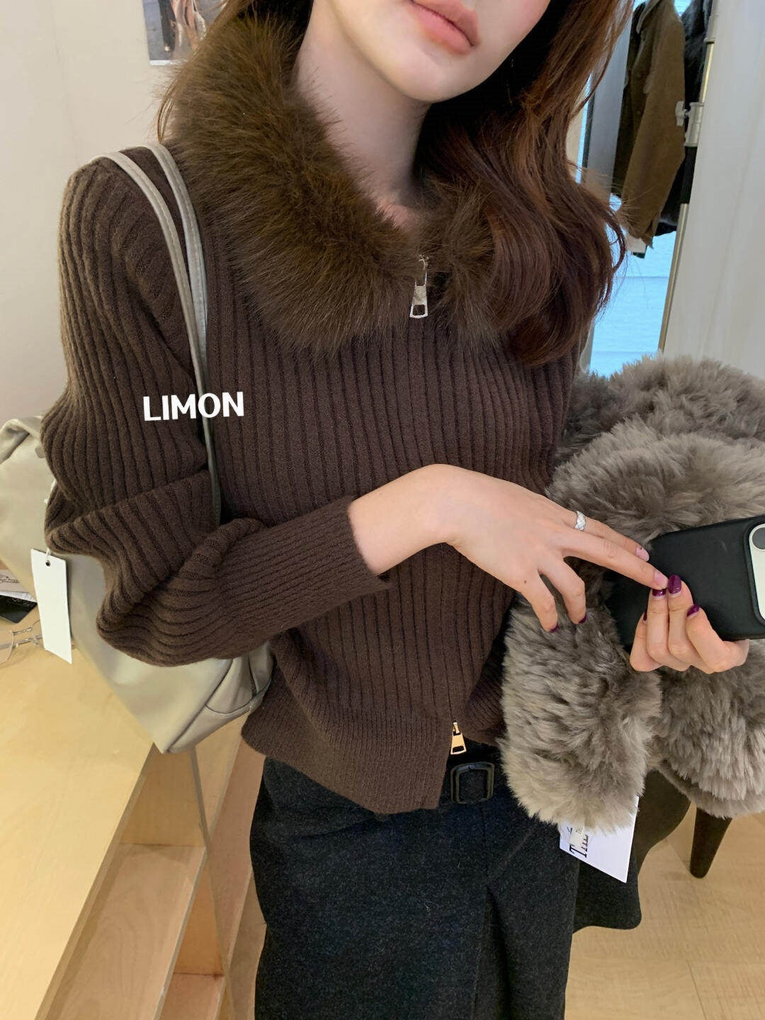 【LNM8632】秋冬簡約・毛絨領羅紋拉鍊針織小外套261013