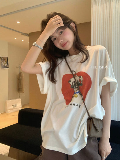 【L10358】童趣可愛減齡🐶韓系復古斑點狗卡通印花寬鬆短袖T恤260428
