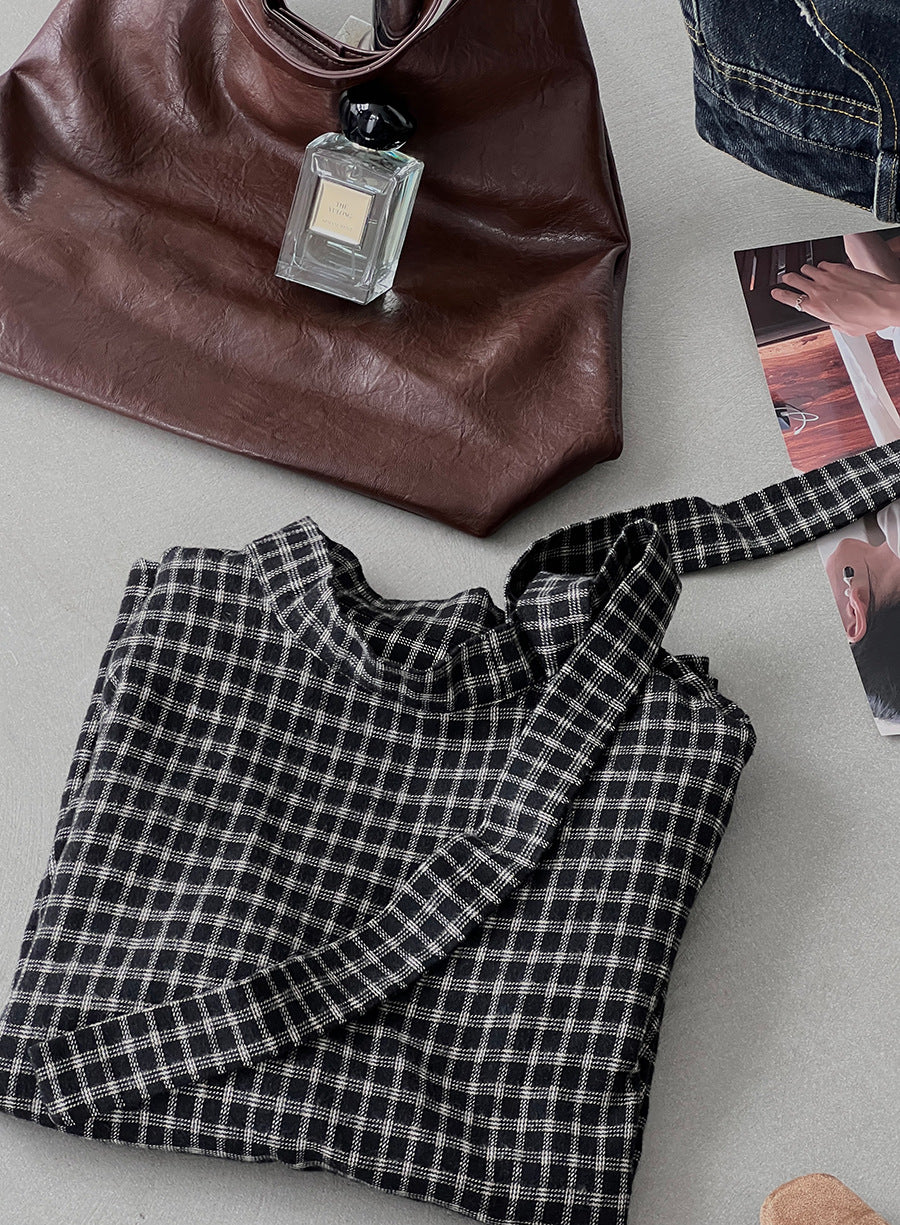 【cim1695】實拍法式磨毛領結氣質格子襯衫251030