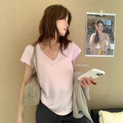 【L10501】極簡高級鬆弛感☕透氣雪花亞麻V領正肩顯瘦短袖T恤260428