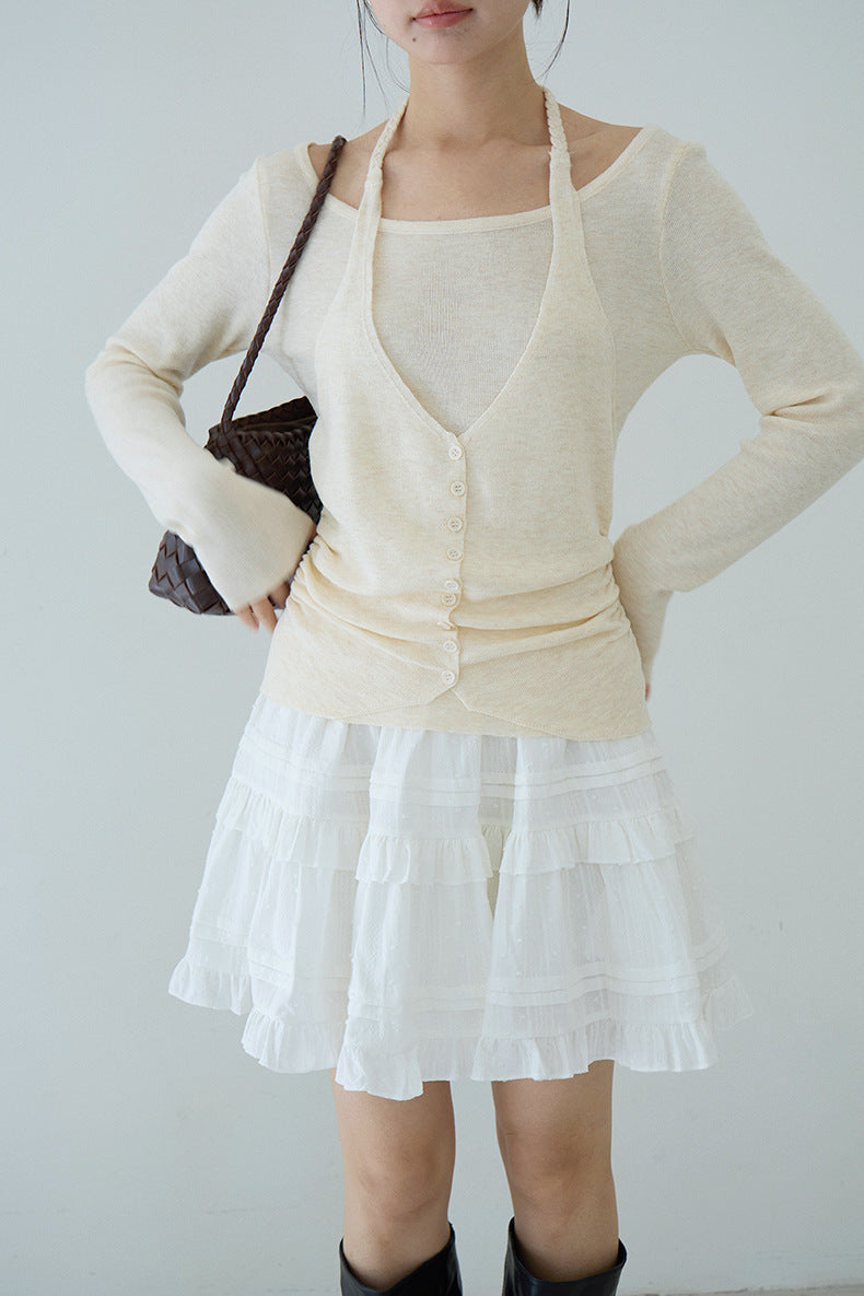 【LD11170】實拍韓系純慾微性感✨淡紫掛脖假兩件收腰顯瘦長袖針織衫260317