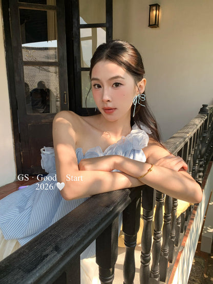 【LD0358W】法式溫柔仙女系🌸立體花朵條紋斜肩無袖上衣260323
