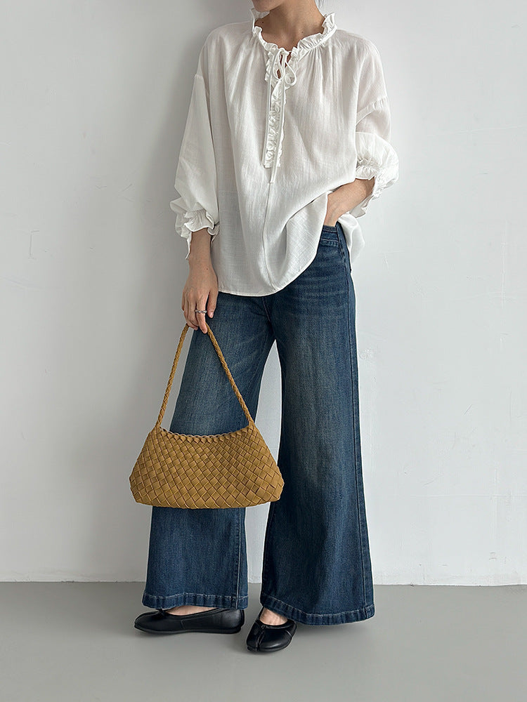 【LD11412】溫柔初秋・木耳邊領肌理感長袖襯衫260902
