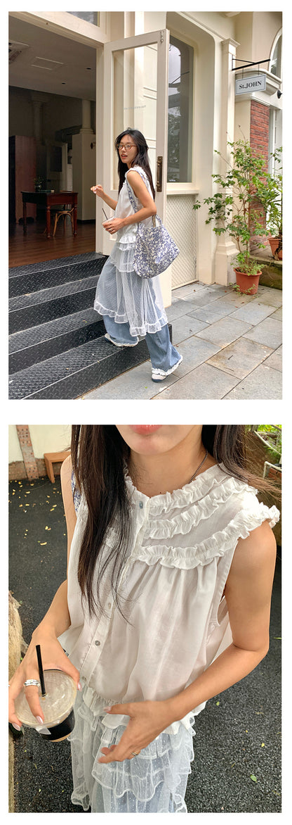 【H525】實拍夏天韓國氣質小荷葉無袖襯衫250513