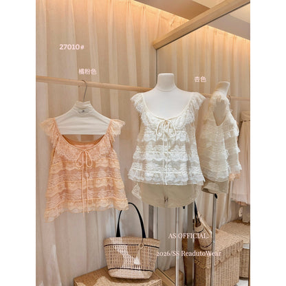 【L27010】韓系甜美純慾風🎀重工蕾絲多層荷葉邊綁帶無袖上衣260526