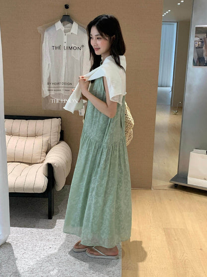 【L10672】夏日度假女神🌴氣質前後兩穿飄帶大裙襬中長版無袖洋裝260518