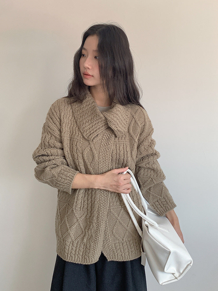 【LD3297】實拍復古立體厚實絞花大翻領毛衣外套251103