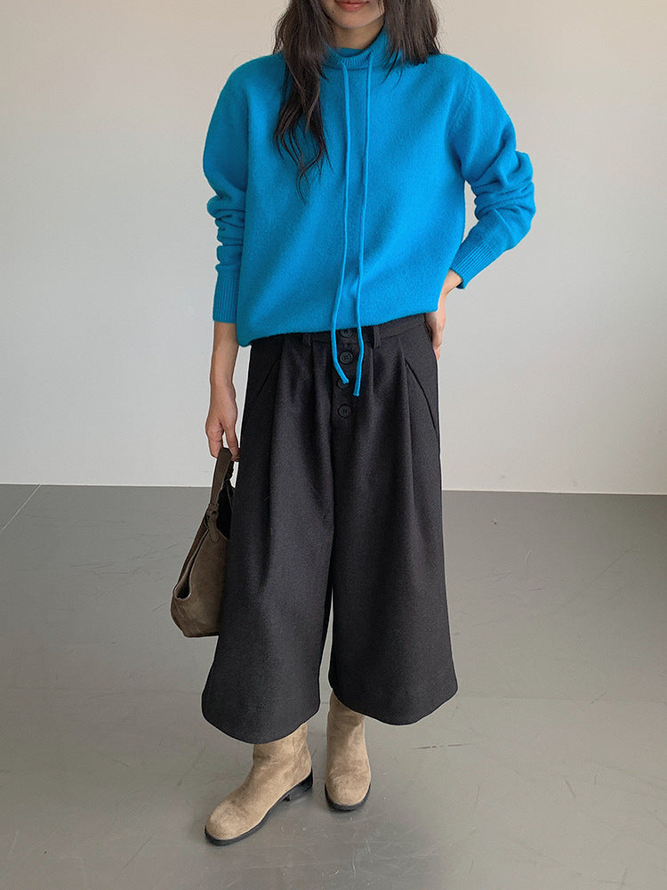 【LD3301】實拍韓系簡約高腰毛呢闊腿七分褲251103