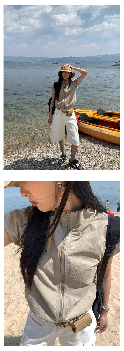 【H5136】實拍夏季工裝率性立領雙頭拉鍊外套上衣250324
