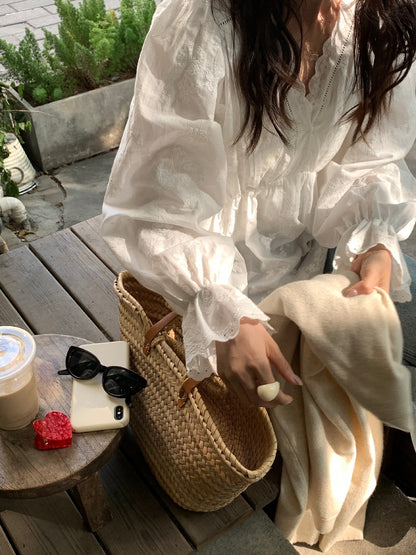 【L10108】實拍檸檬家法式少女感仙氣🌸重工V領刺繡設計泡泡袖白色襯衫260330