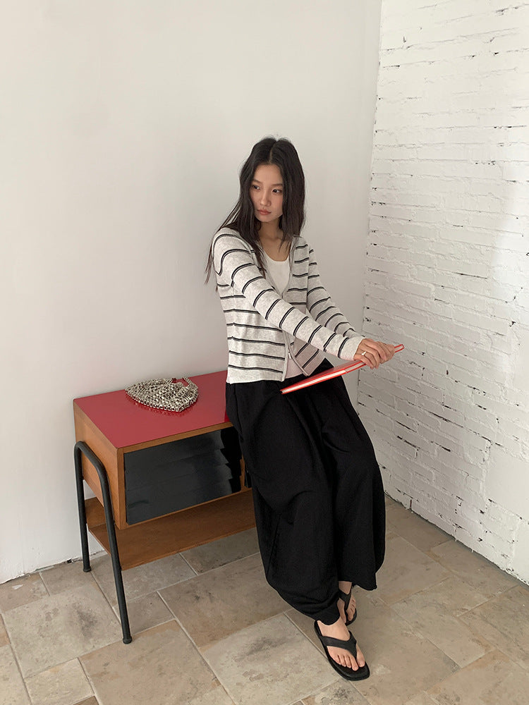 【L2771】實拍V領條紋假兩件雙開頭針織衫（6％美麗諾羊毛）250825