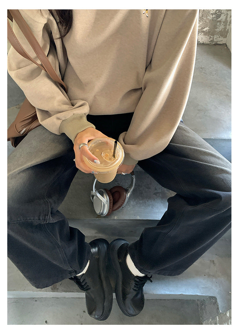 【H5402】實拍復古做舊洗水黑灰色廓形牛仔褲250902