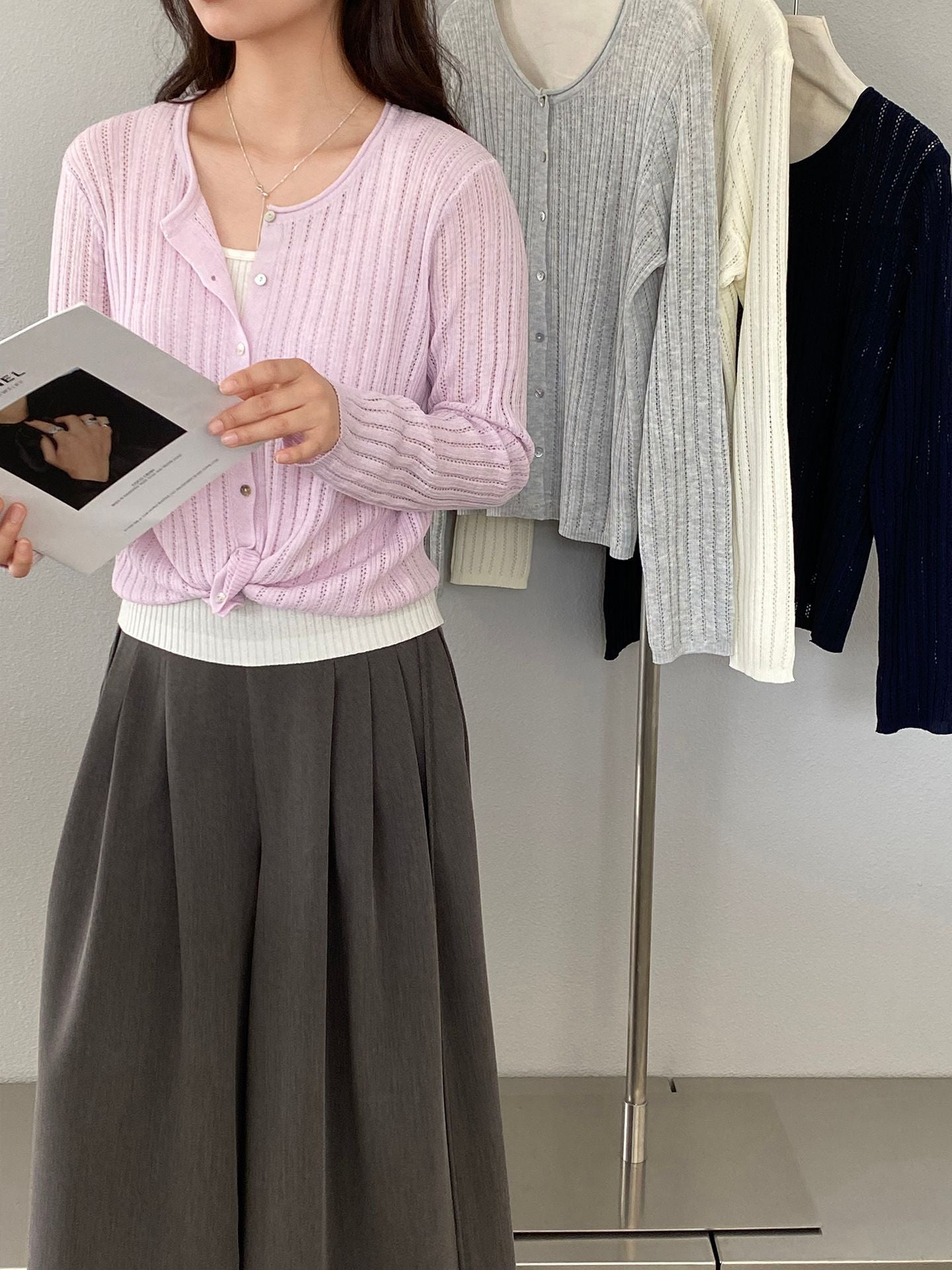 【cimzW6005】早春韓系溫柔☁️捲邊領鏤空薄款羊毛針織小外套/罩衫260319