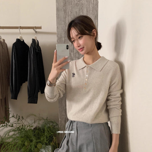 【L0899】實拍秋冬polo領小狗刺繡氣質針織衫（羊羔毛4%+兔絨11%)
250923