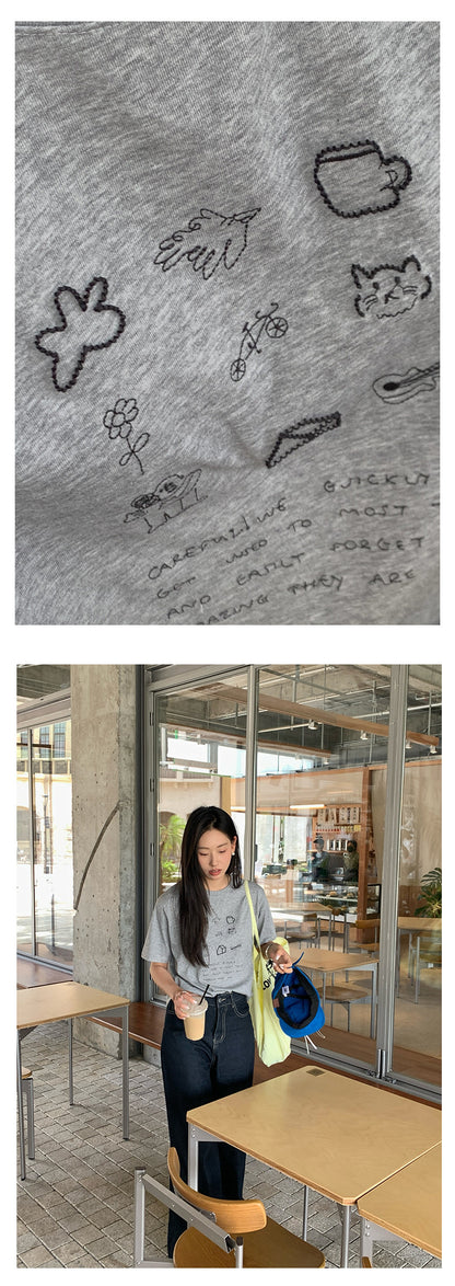 【H5201】實拍韓系刺繡＋印花棉質寬鬆短袖T恤250422