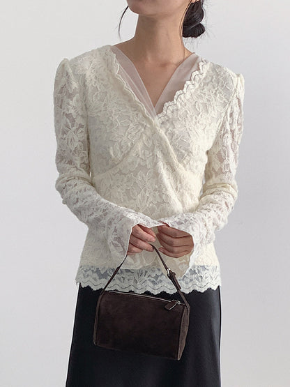 【LD3295】實拍法式喇叭袖加絨蕾絲衫251103