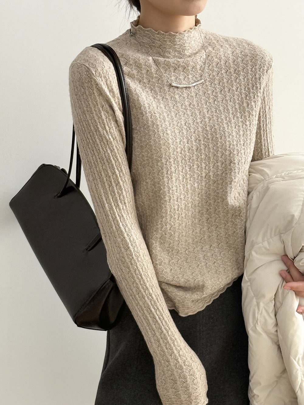 【Y312】實拍高單質感鏤空蕾絲半高領針織衫251106