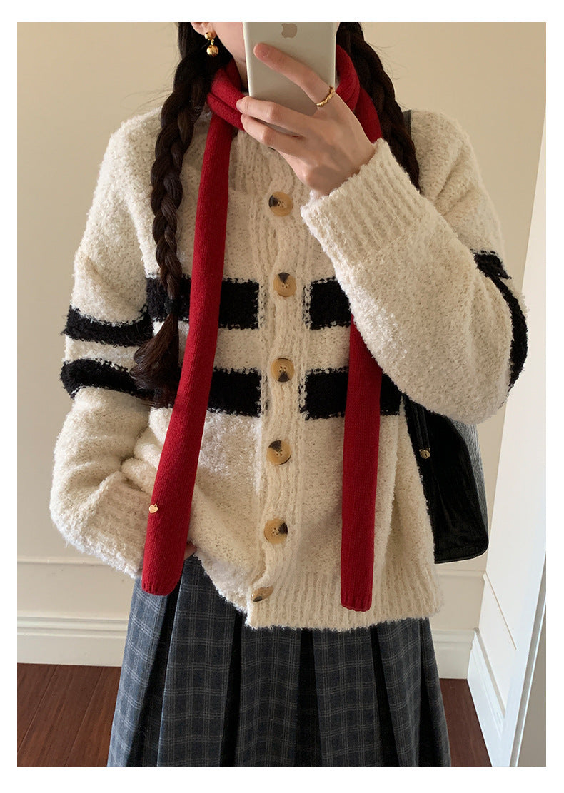 【H5511】實拍 懶懶撞色條紋開衫針織毛衣
251118