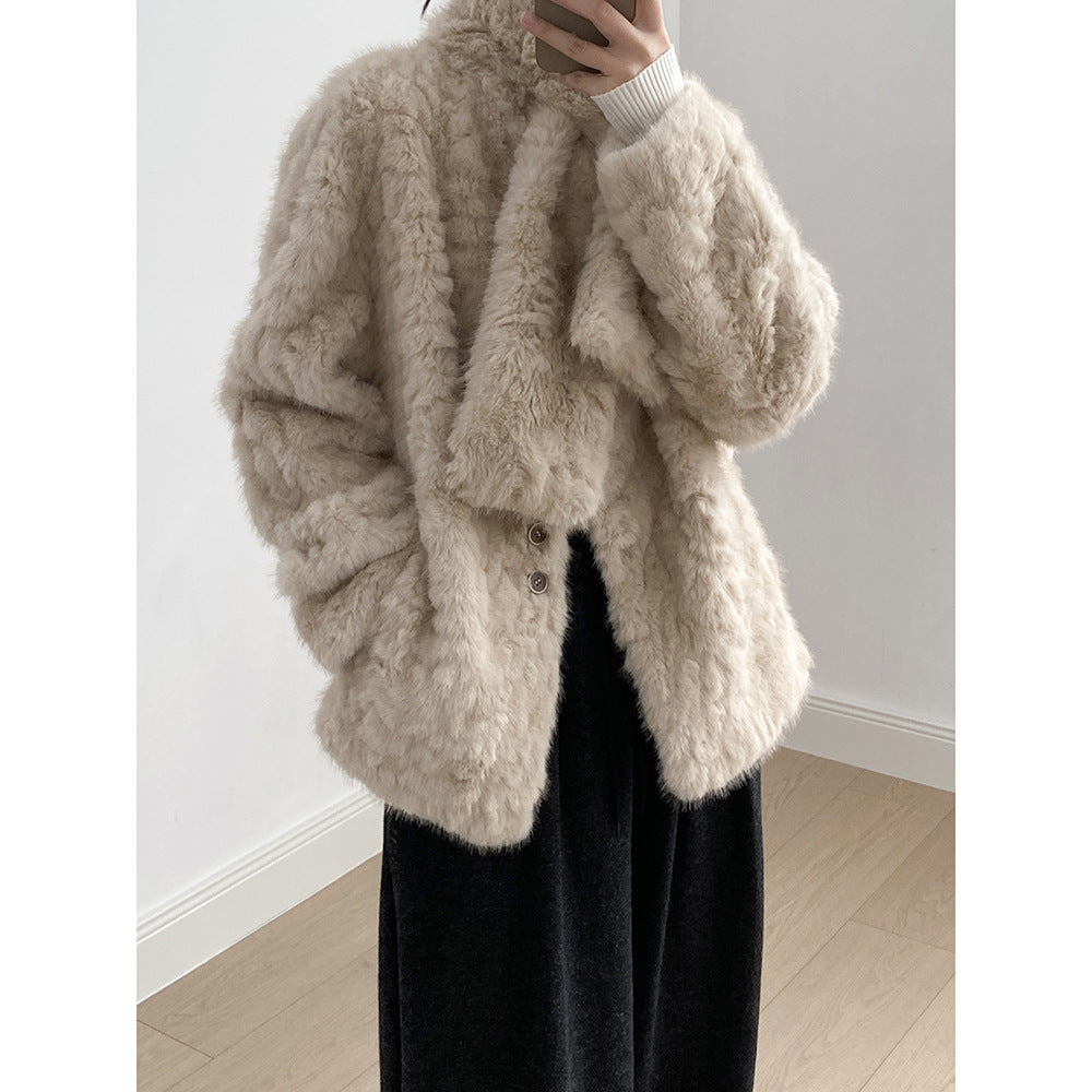 【YH707】實拍高質感毛茸茸仿皮毛保暖一体毛绒外套＋圍巾251113