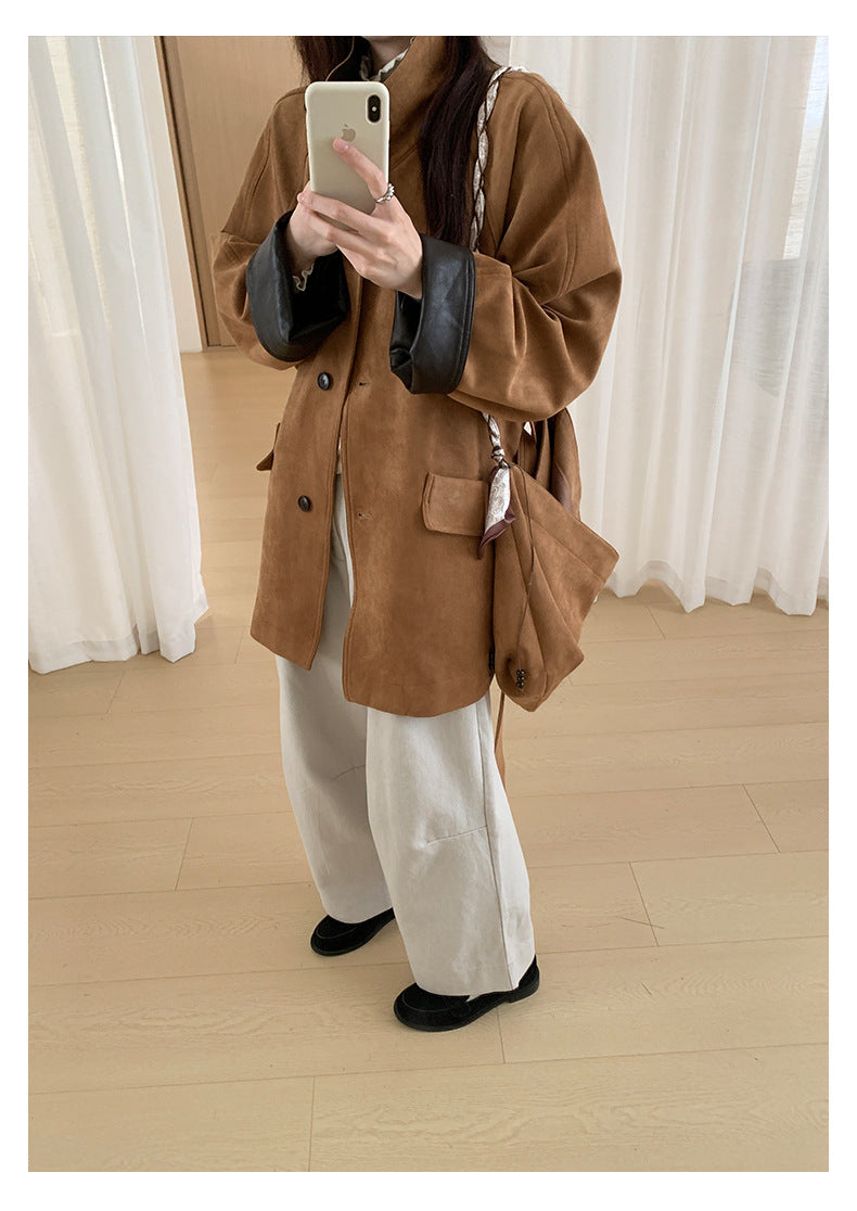 【H569】實拍復古個性皮革拼麂皮絨大衣外套＋麂皮肩背包251021