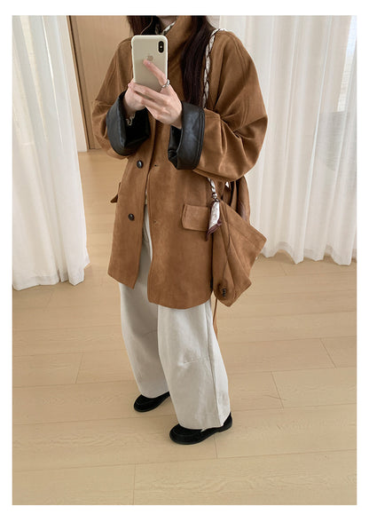 【H569】實拍復古個性皮革拼麂皮絨大衣外套＋麂皮肩背包251021