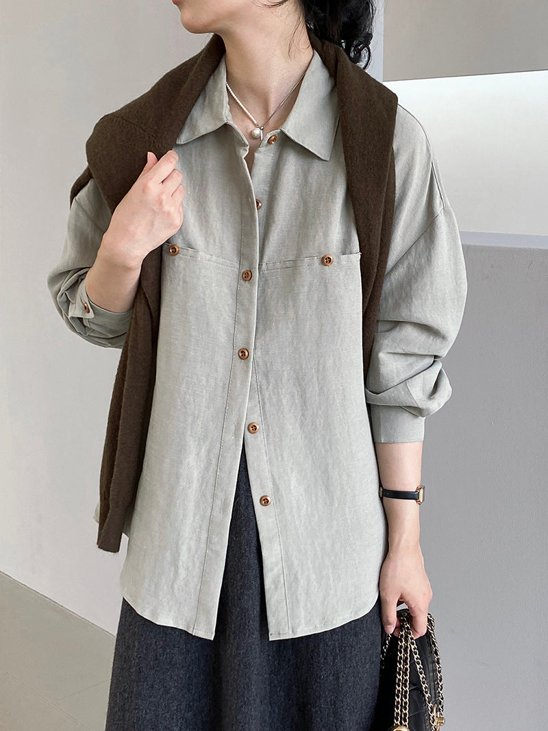 【cim6112】實拍韓國法式氣質天絲亞麻長袖襯衫251030