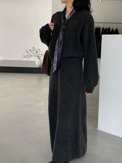 【cim823】實拍韓系軟糯短版針織毛衣+絲巾+針織長裙251030