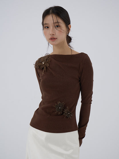 【LD3277】實拍立體花朵長袖一字領T恤251103