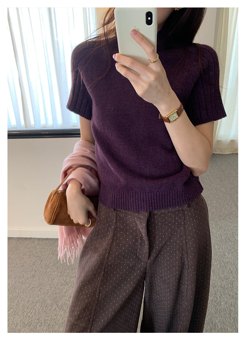 【H5516】實拍高領氣質短袖針織衫251125