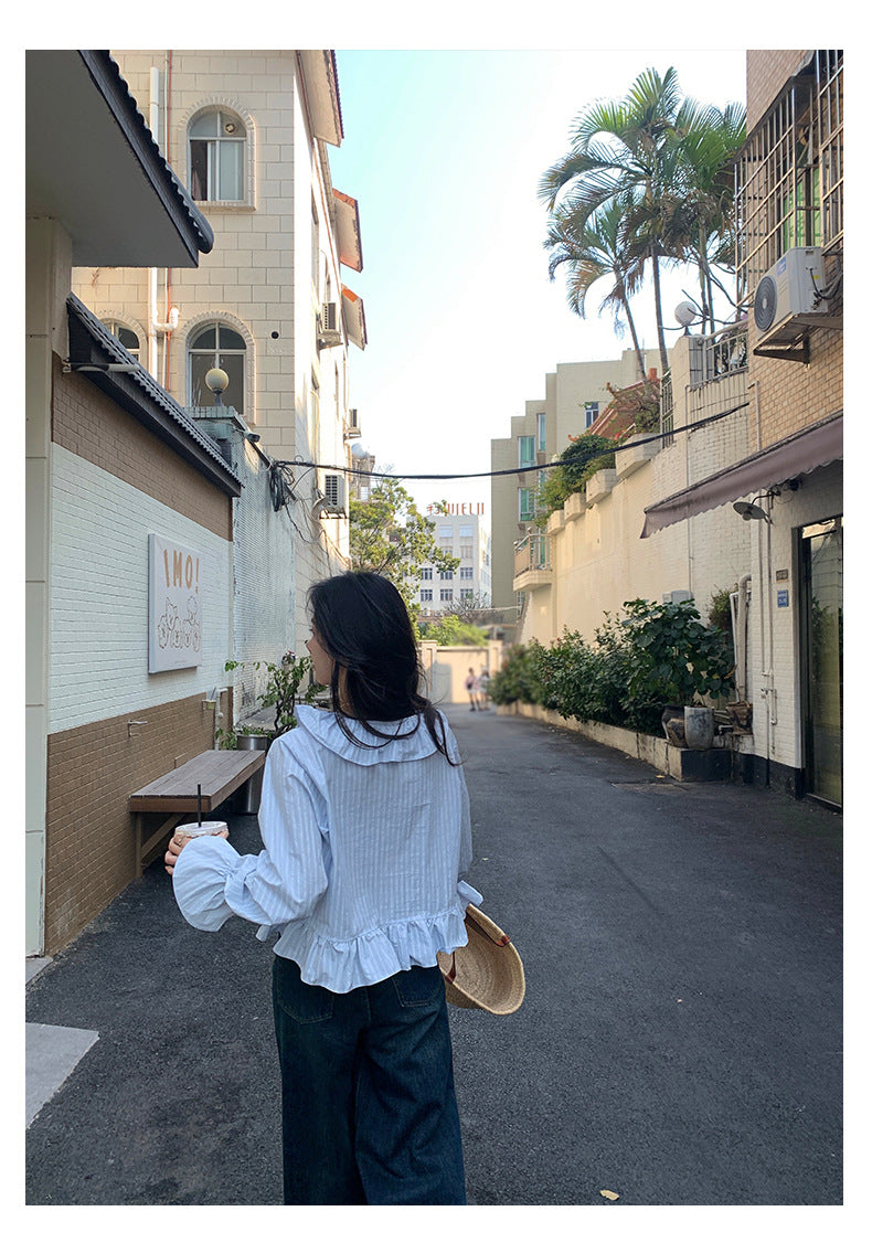 【H5009】實拍早春韓系荷葉V領泡泡袖襯衫250210