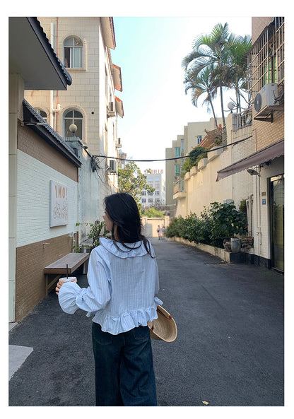 【H5009】實拍早春韓系荷葉V領泡泡袖襯衫250210