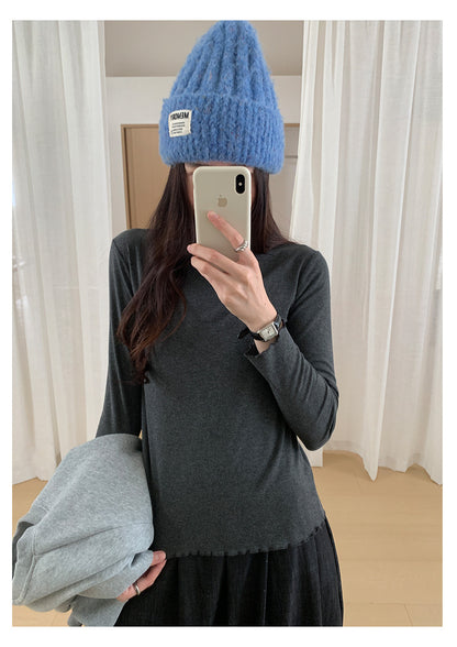 【H568】實拍基礎款木耳邊半高領純色打底衫251021