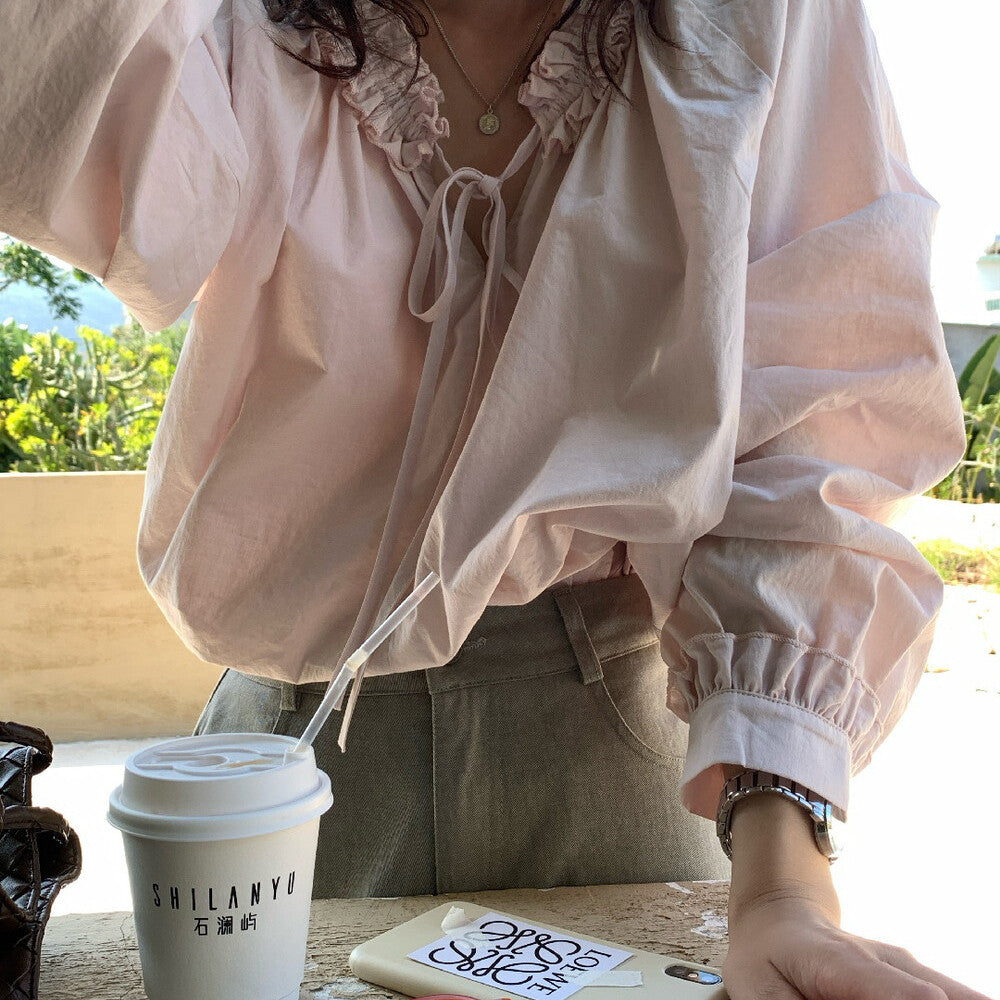 【L10165】實拍檸檬韓系氛圍感仙女✨精緻木耳邊顯瘦V領綁帶長袖襯衫260318