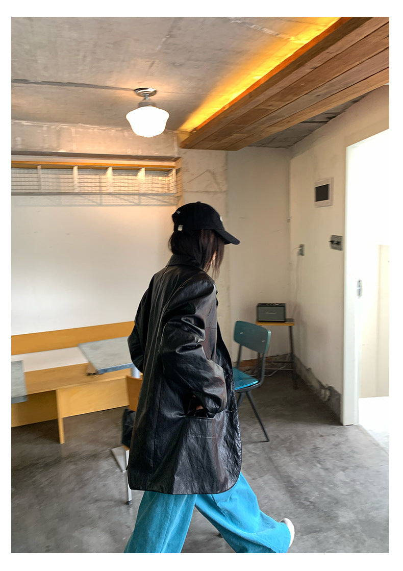 【H5398】實拍韓系高級感黑色皮衣西裝外套250902