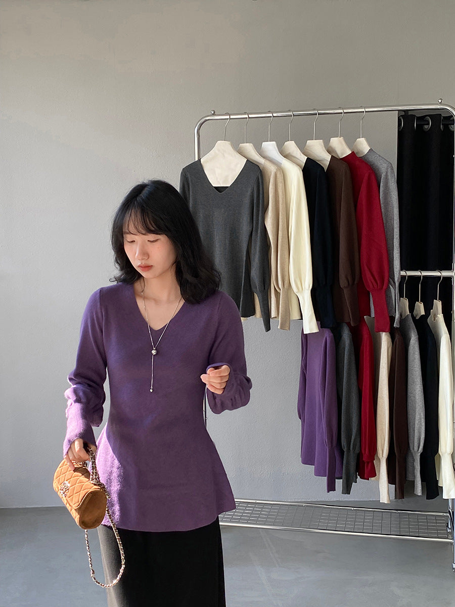 【cimz6652】實拍氣質半高領/V領燈籠袖極簡氣質針織衫251128