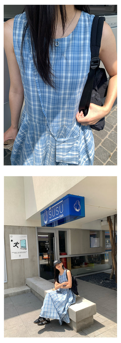 【H5290】實拍夏天韓國復古藍格個性花苞長洋裝＋小包250603