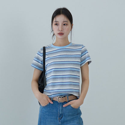 【LD11184】夏日清新海鹽藍🌊時髦百搭正肩顯瘦條紋圓領短袖T恤260324