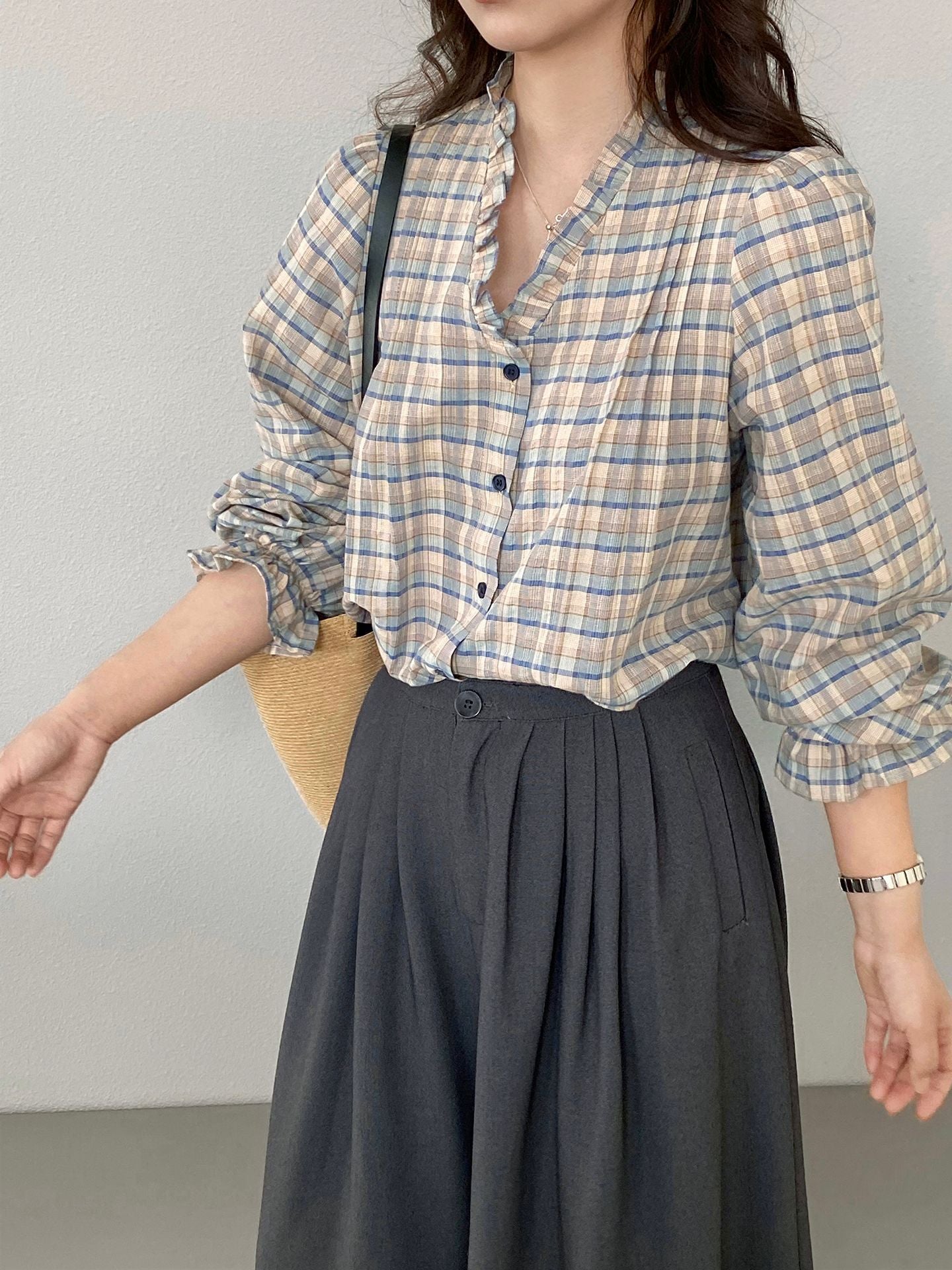 【cimz6509】復古浪漫主義🌹精緻木耳邊格紋長袖襯衫260319