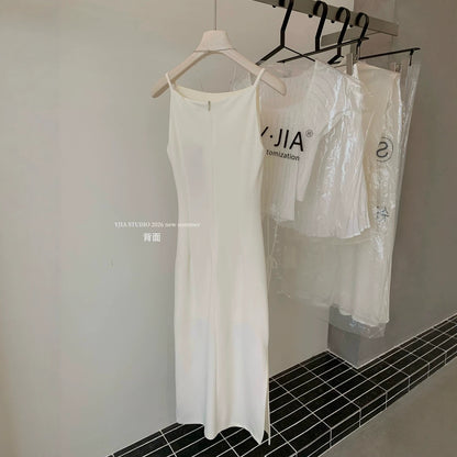 【L2352】夏日法式氣質女孩抓皺縮腰開衩一字領長洋裝260728