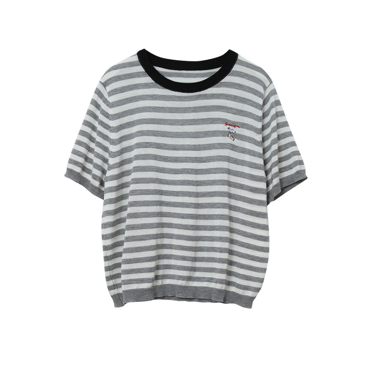 【LD11220】實拍休閒百搭經典款🐎小馬刺繡條紋寬鬆圓領短袖針織上衣260407