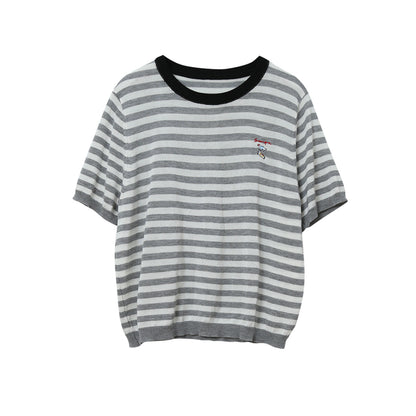 【LD11220】實拍休閒百搭經典款🐎小馬刺繡條紋寬鬆圓領短袖針織上衣260407
