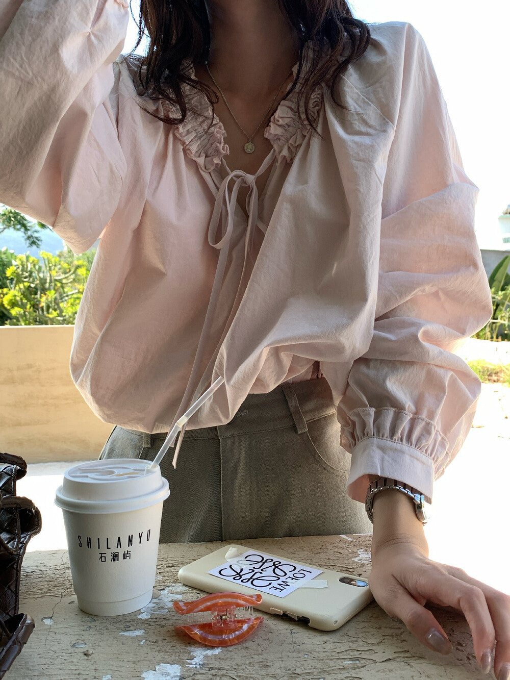 【L10165】實拍檸檬韓系氛圍感仙女✨精緻木耳邊顯瘦V領綁帶長袖襯衫260318