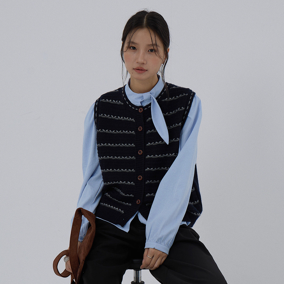 【LD3278】實拍小圓領長袖襯衫+條紋針織背心（分開下單）251103