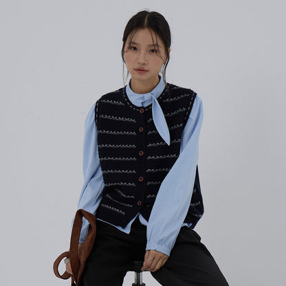 【LD3278】實拍小圓領長袖襯衫+條紋針織背心（分開下單）251103