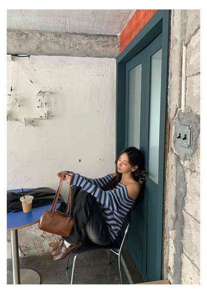 【H5399】實拍韓系簡約氣質一字領露肩針織衫250902