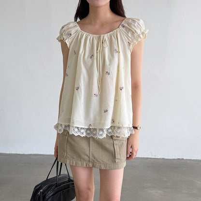 【LD11398】溫柔甜美仙女系🌸韓系氣質刺繡綁帶一字領短袖上衣/襯衫260720