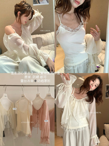 【L10331】實拍檸檬法式浪漫溫柔🌸氣質泡泡袖襯衫+蕾絲拼接細肩帶背心套裝260408