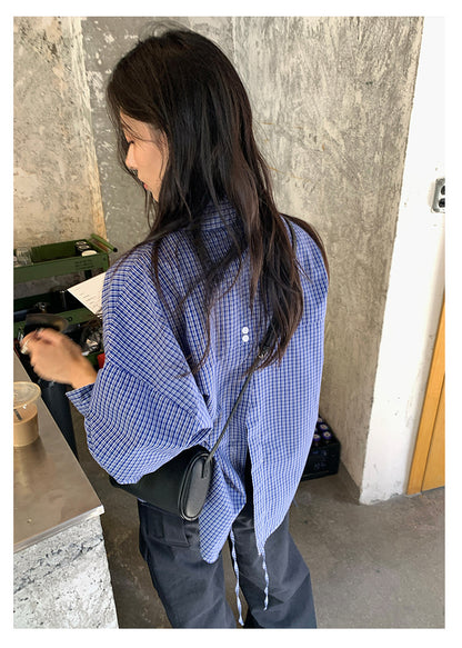 【H5401】實拍後背開叉藍色格子長袖襯衫250902