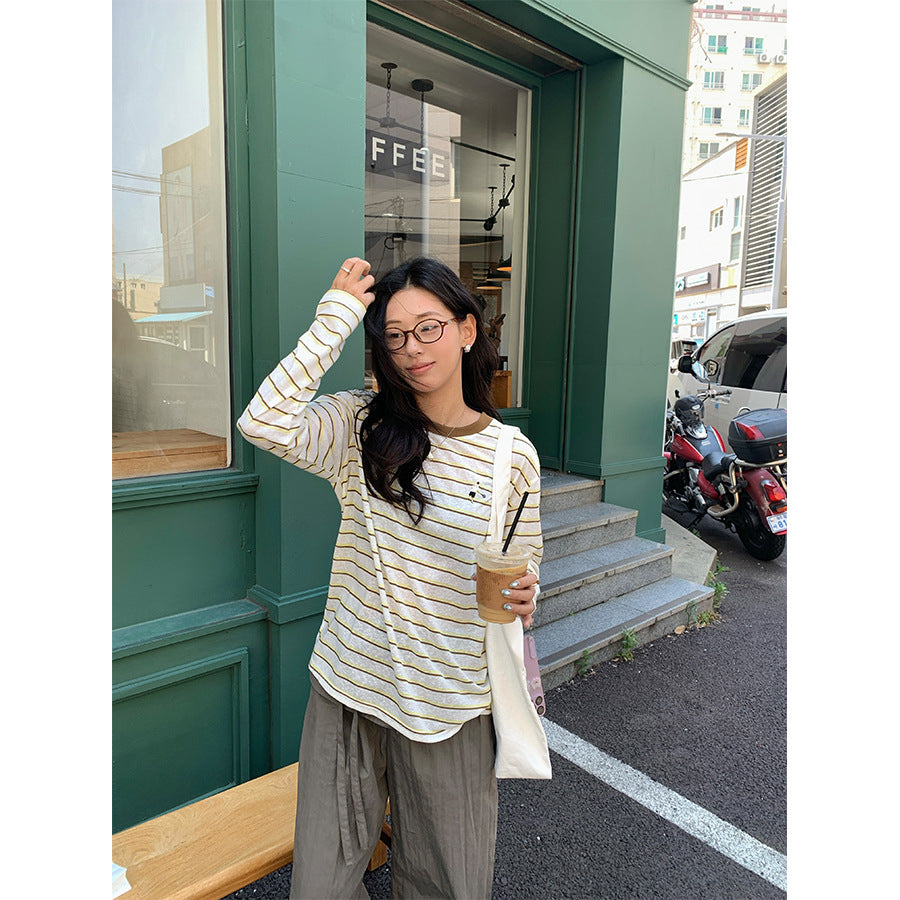 【H5386】實拍寬鬆薄款防曬圓領條紋長袖T恤250902