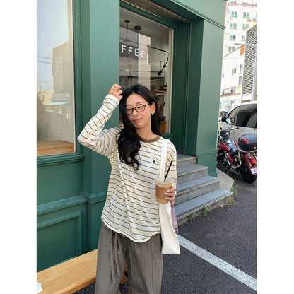 【H5386】實拍寬鬆薄款防曬圓領條紋長袖T恤250902
